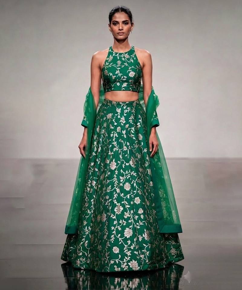 Emerald Green Embroidered Silk Lehenga Set