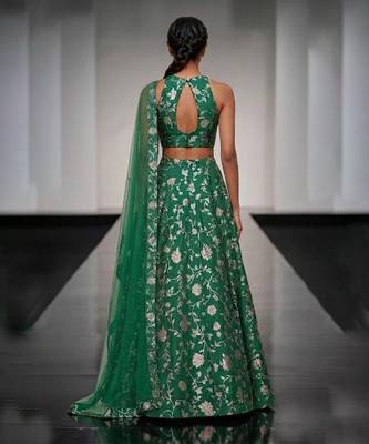 Emerald Green Embroidered Silk Lehenga Set 2
