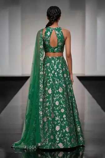 Emerald Green Embroidered Silk Lehenga Set