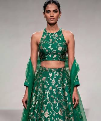 Emerald Green Embroidered Silk Lehenga Set 3