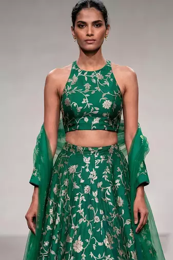 Emerald Green Embroidered Silk Lehenga Set