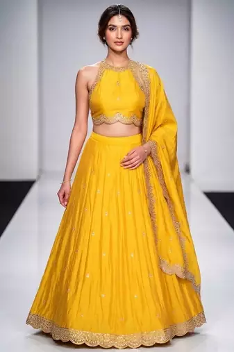 Mustard Yellow Embroidered Silk Lehenga Set