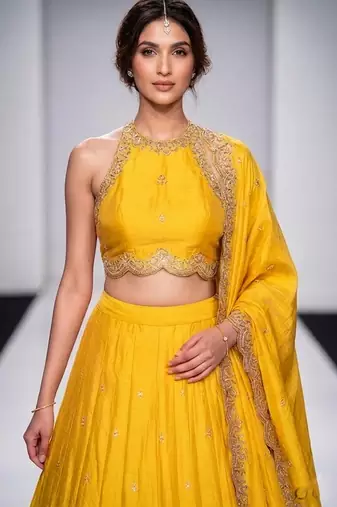 Yellow Embroidered Silk Lehenga Set