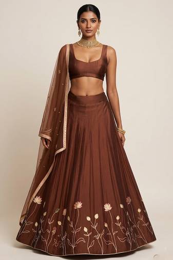 Brown Embroidered Silk Lehenga Set
