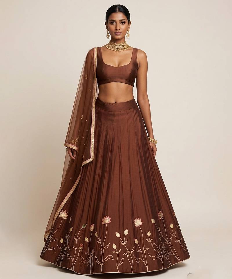 Brown Embroidered Silk Lehenga Set