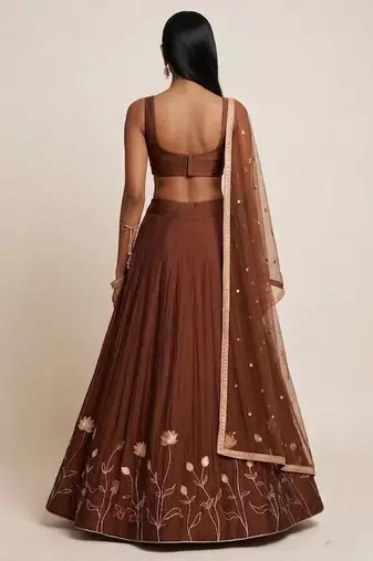 Brown Embroidered Silk Lehenga Set