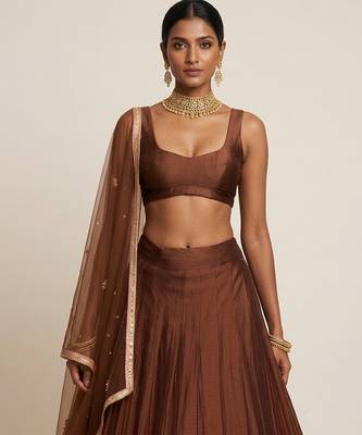 Brown Embroidered Silk Lehenga Set 3