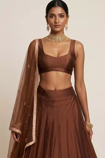 Brown Embroidered Silk Lehenga Set