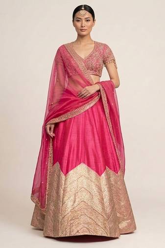 Hot Pink Embroidered Silk Lehenga Set