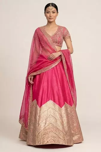 Hot Pink Embroidered Silk Lehenga Set