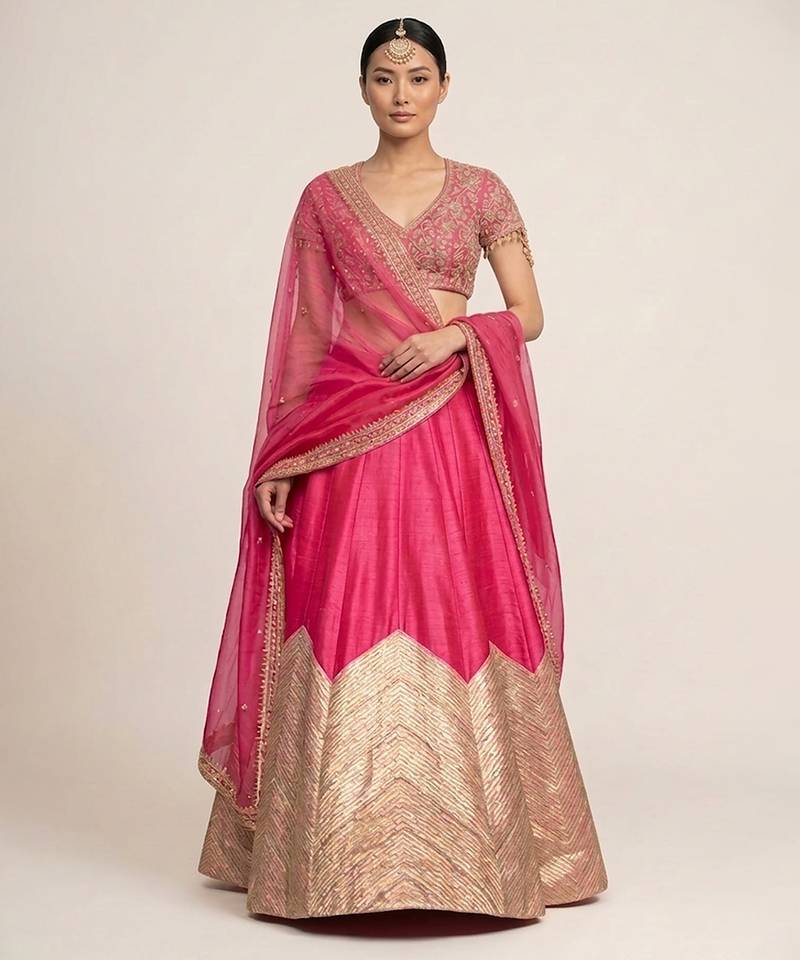Hot Pink Embroidered Silk Lehenga Set