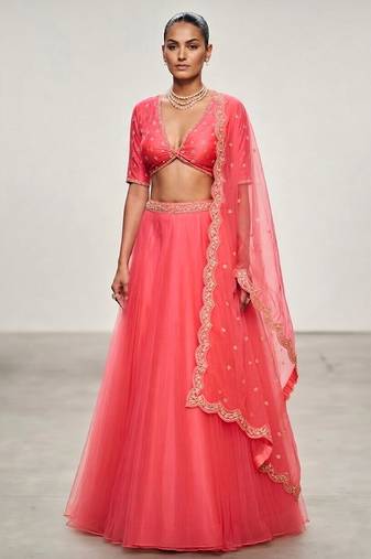 Coral Pink Embroidered Organza Lehenga Set