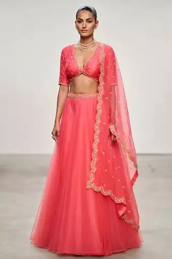 Coral Pink Embroidered Organza Lehenga Set