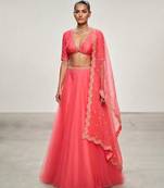 Coral Pink Embroidered Organza Lehenga Set