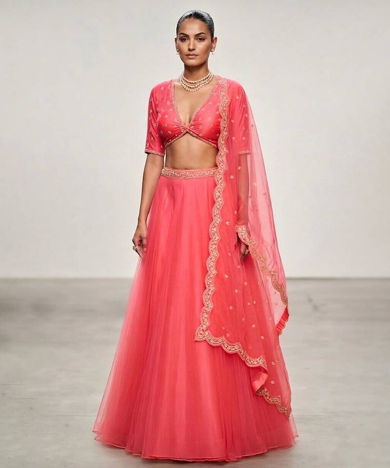 Coral Pink Embroidered Organza Lehenga Set