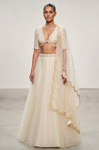 Ivory Embroidered Organza Lehenga Set
