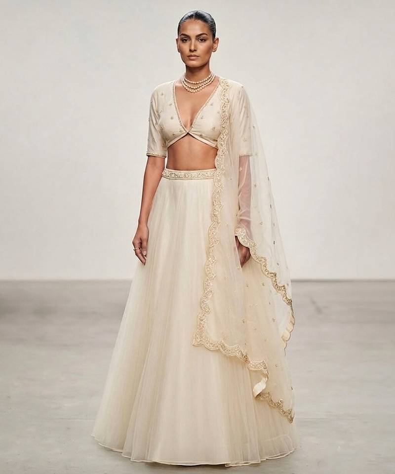 Ivory Embroidered Organza Lehenga Set