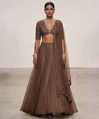 Chocolate Brown Embroidered Organza Lehenga Set 1