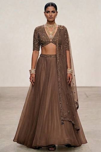 Chocolate Brown Embroidered Organza Lehenga Set