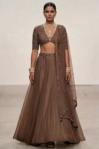 Chocolate Brown Embroidered Organza Lehenga Set