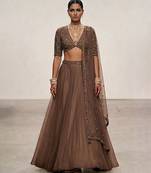 Chocolate Brown Embroidered Organza Lehenga Set