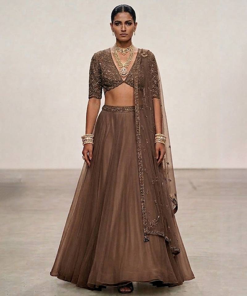 Chocolate Brown Embroidered Organza Lehenga Set