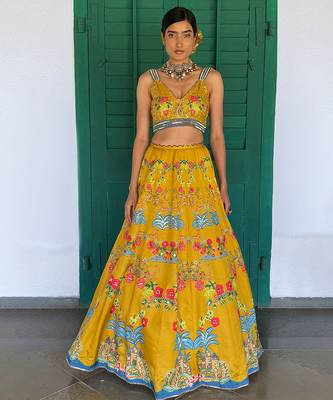 yellow printed linen lehenga set 1