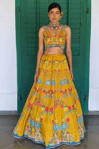 yellow printed linen lehenga set