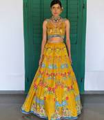 yellow printed linen lehenga set