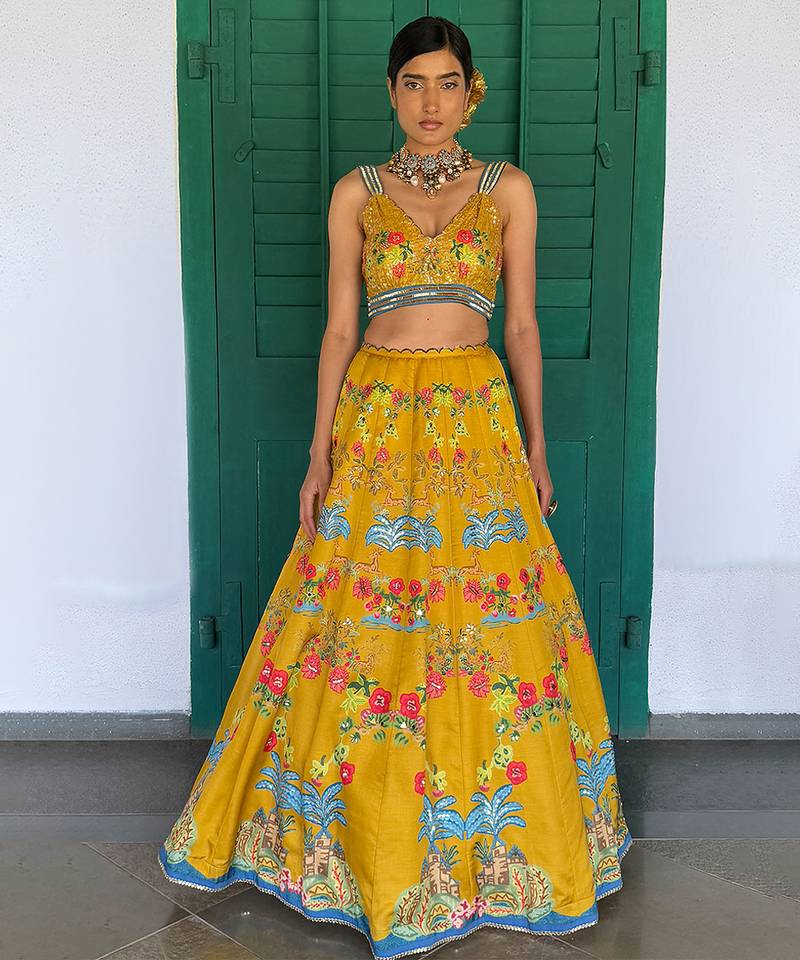yellow printed linen lehenga set