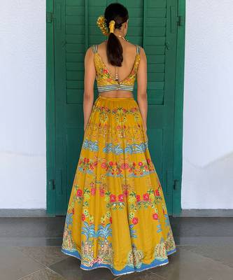 yellow printed linen lehenga set 2