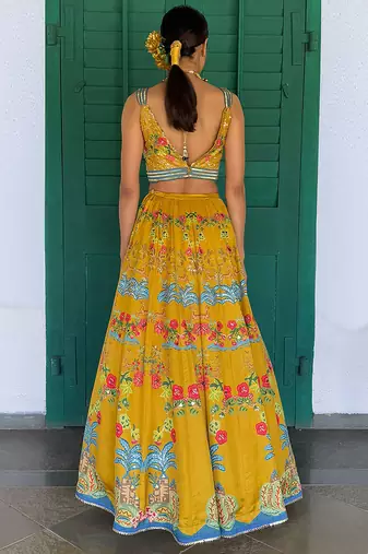 yellow printed linen lehenga set