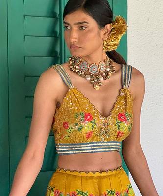 yellow printed linen lehenga set 3