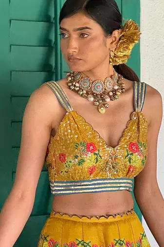 yellow printed linen lehenga set