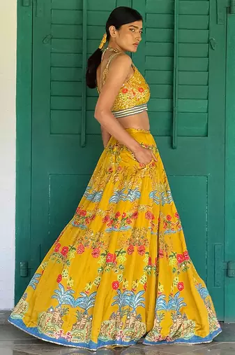 yellow printed linen lehenga set