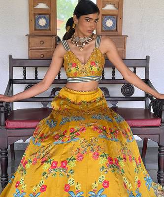 yellow printed linen lehenga set 5