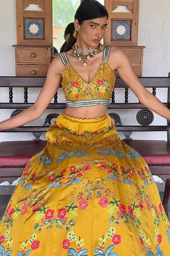 yellow printed linen lehenga set