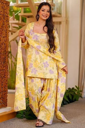Yellow designer cambric cotton printed kurti set with salwar & dupatta – full stitched daily & office wear