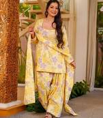Yellow designer cambric cotton printed kurti set with salwar & dupatta     full stitched daily & office wear