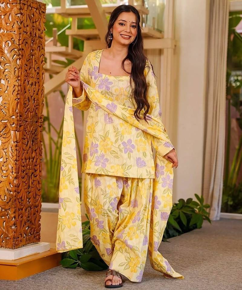 Yellow designer cambric cotton printed kurti set with salwar & dupatta – full stitched daily & office wear