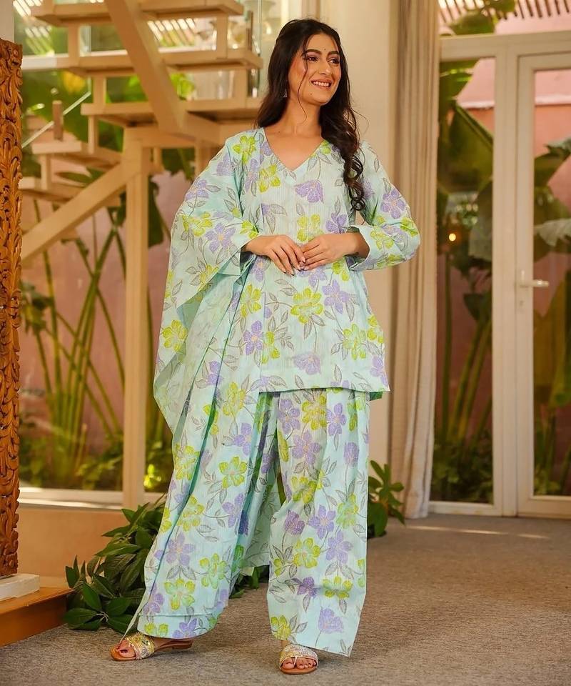 Sky designer cambric cotton printed kurti set with salwar & dupatta – full stitched daily & office wear