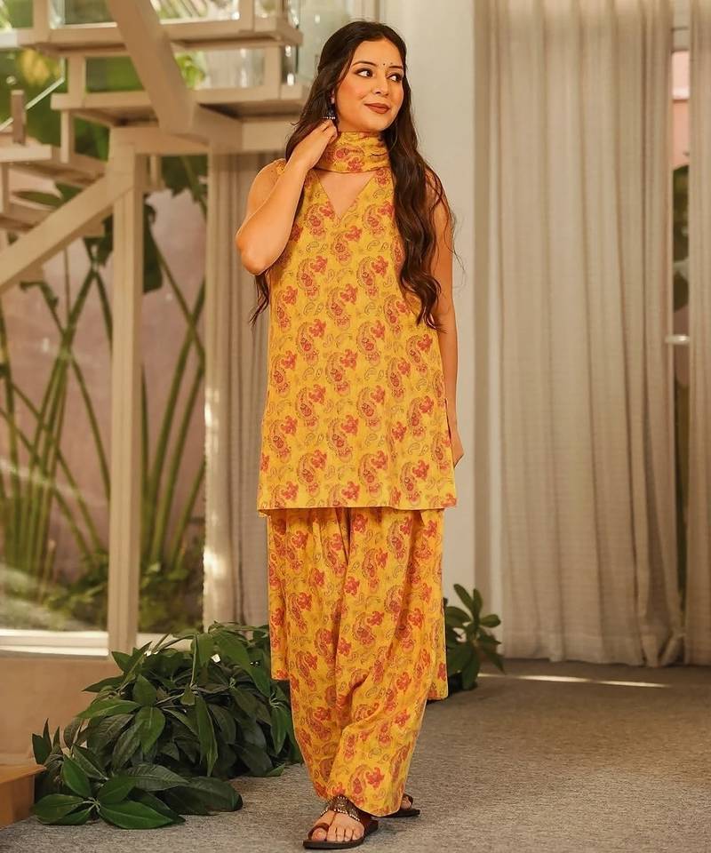 Mustard designer cambric cotton printed kurti set with salwar & dupatta – full stitched daily & office wear