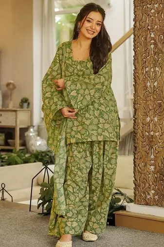Green designer cambric cotton printed kurti set with salwar & dupatta – full stitched daily & office wear