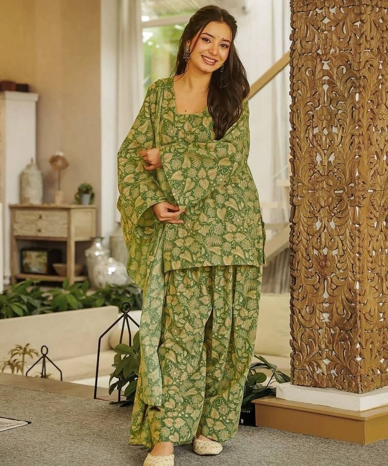 Green designer cambric cotton printed kurti set with salwar & dupatta – full stitched daily & office wear