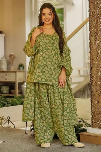 Greencambric cotton printed kurti set with salwar & dupatta