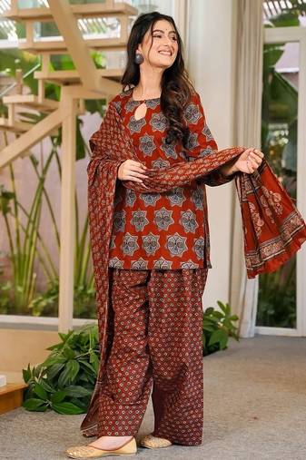 Maroon designer cambric cotton printed kurti set with salwar & dupatta – full stitched daily & office wear