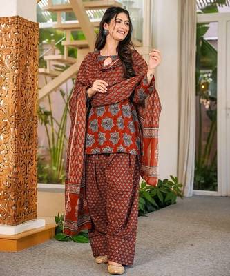 Marooncambric cotton printed kurti set with salwar & dupatta 3