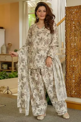 Offwhite designer cambric cotton printed kurti set with salwar & dupatta – full stitched daily & office wear