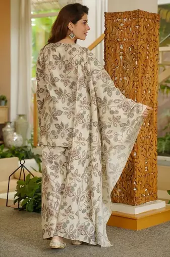 Offwhitecambric cotton printed kurti set with salwar & dupatta