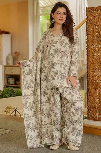 Offwhitecambric cotton printed kurti set with salwar & dupatta
